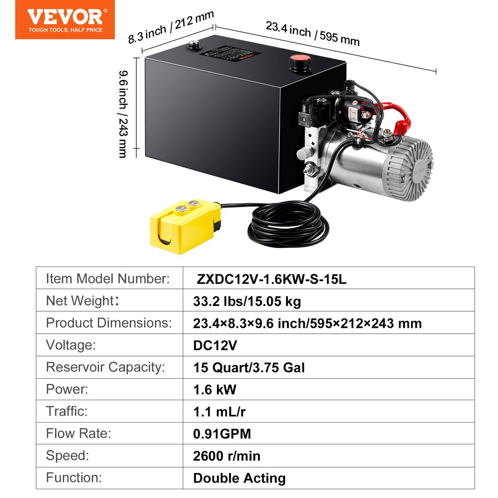 Bomba hidráulica VEVOR, unidad de potencia hidráulica de 15 cuartos de doble acción caudal de 0,91 GPM 3200 PSI 12 V CC