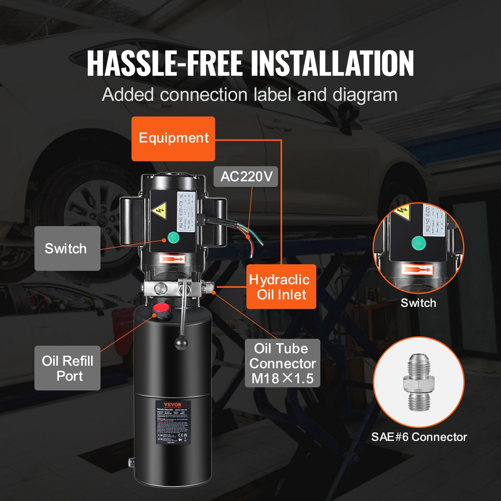 Bomba hidráulica VEVOR, unidad de potencia hidráulica de 10 cuartos de remolque  acción simple, caudal de 1,7 GPM, presión de alivio máxima de 3200 PSI 220 V CA para elevación de automóviles