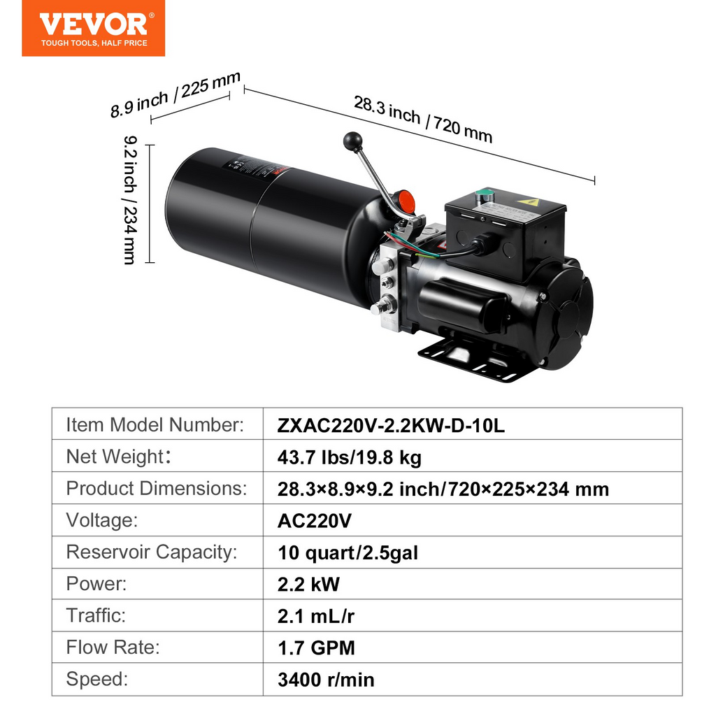 Bomba hidráulica VEVOR, unidad de potencia hidráulica de 10 cuartos de remolque  acción simple, caudal de 1,7 GPM, presión de alivio máxima de 3200 PSI 220 V CA para elevación de automóviles