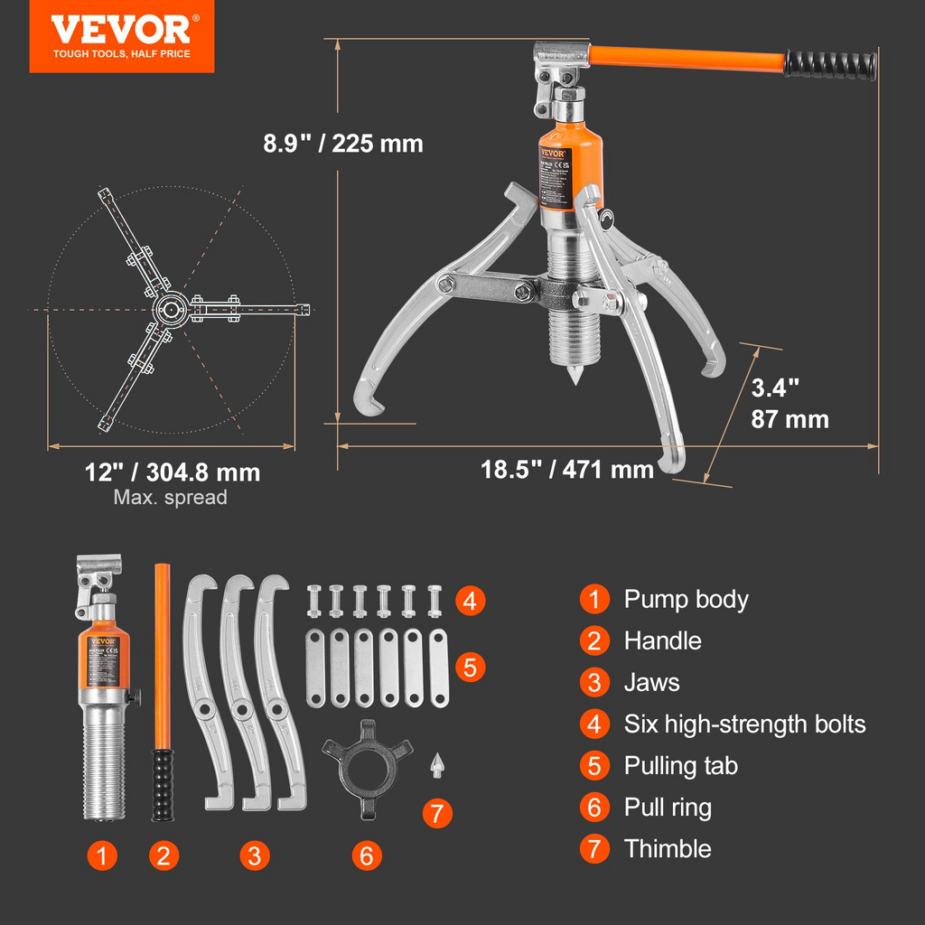 Extractor hidráulico de engranajes VEVOR, separador de tracción de rodamientos de rueda de capacidad máxima de 15 toneladas