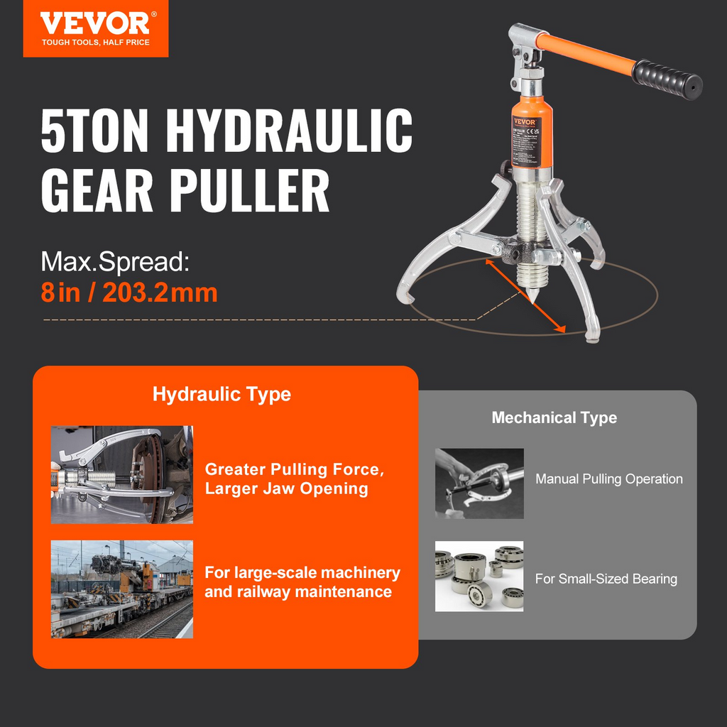 VEVOR Hydraulic Gear Puller, 5 Ton Max Capacity Wheel Bearing Pulling Separator, 2 or 3 Jaws Puller, Vertically and Horizontally, 8" Jaw Hydraulic Puller with Case for Pulling Hubs