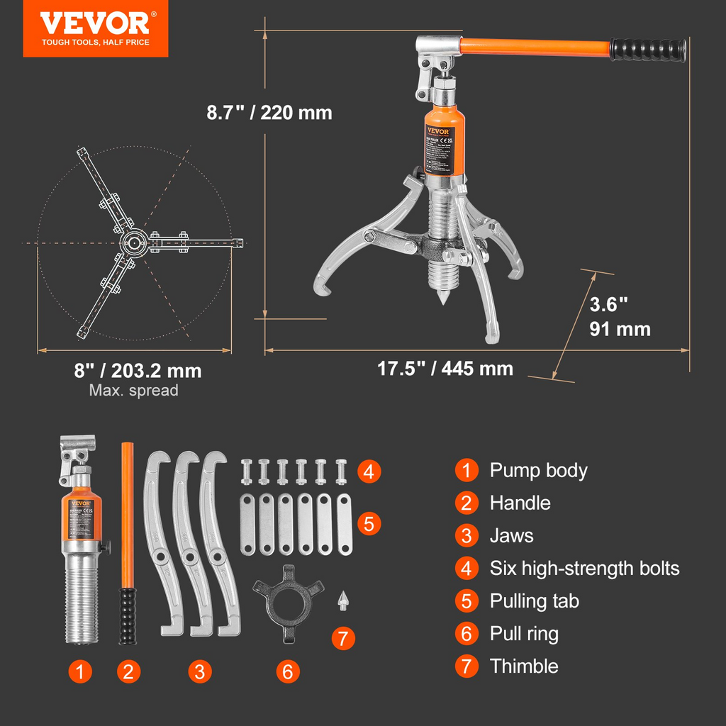 VEVOR Hydraulic Gear Puller, 5 Ton Max Capacity Wheel Bearing Pulling Separator, 2 or 3 Jaws Puller, Vertically and Horizontally, 8" Jaw Hydraulic Puller with Case for Pulling Hubs