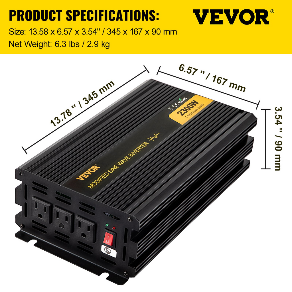 Inversor de corriente VEVOR, inversor de onda sinusoidal modificada de 2300 W, convertidor de coche de 24 V CC a 120 V CA, con mando a distancia LCD