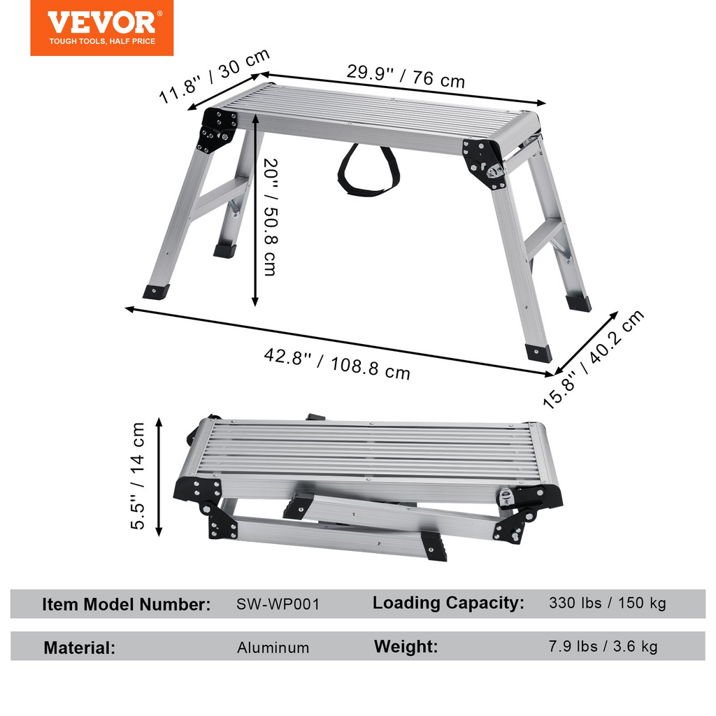 VEVOR Plataforma de trabajo plegable, capacidad de carga de 330 libras, escalera de aluminio para paneles de yeso, banco de trabajo resistente con pies antideslizantes,