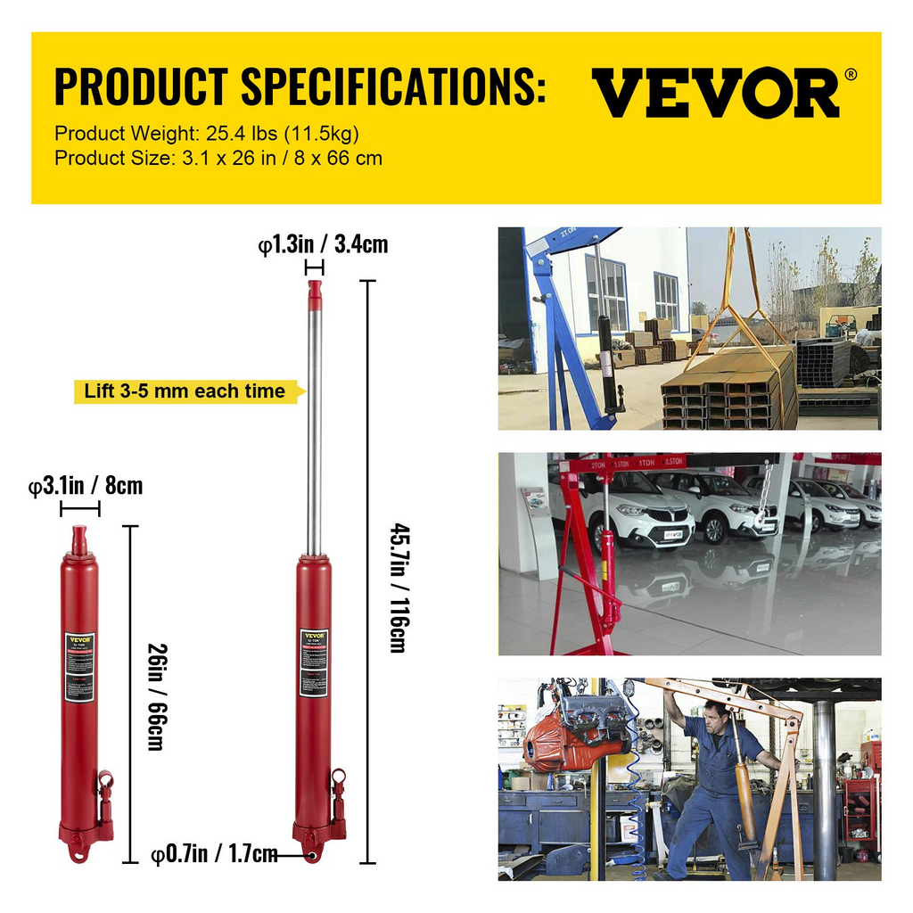 VEVOR Gato hidráulico largo, capacidad de 12 toneladas/26455 libras, con bomba de pistón único y base de horquilla