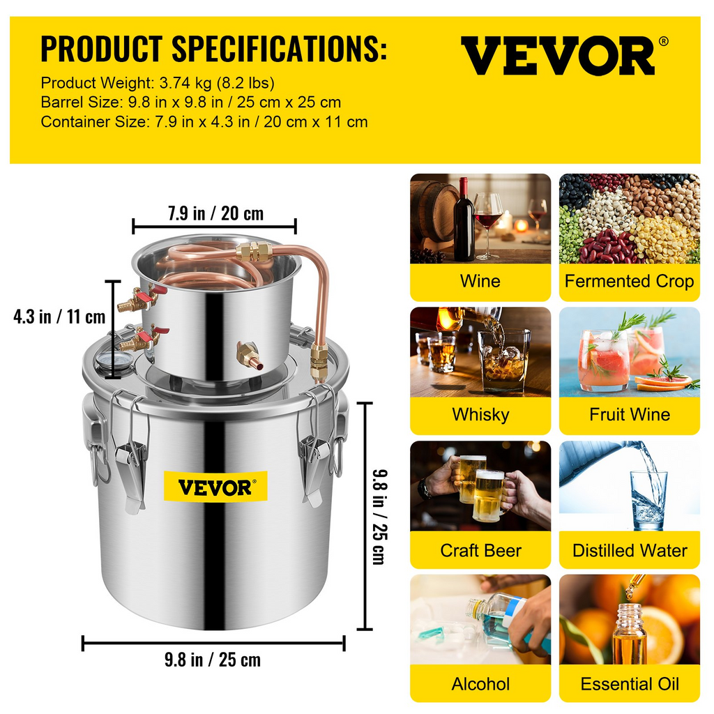 VEVOR 12L Destilador de alcohol de agua 3GAL Caldera para hacer vino de cobre Kit de destilación