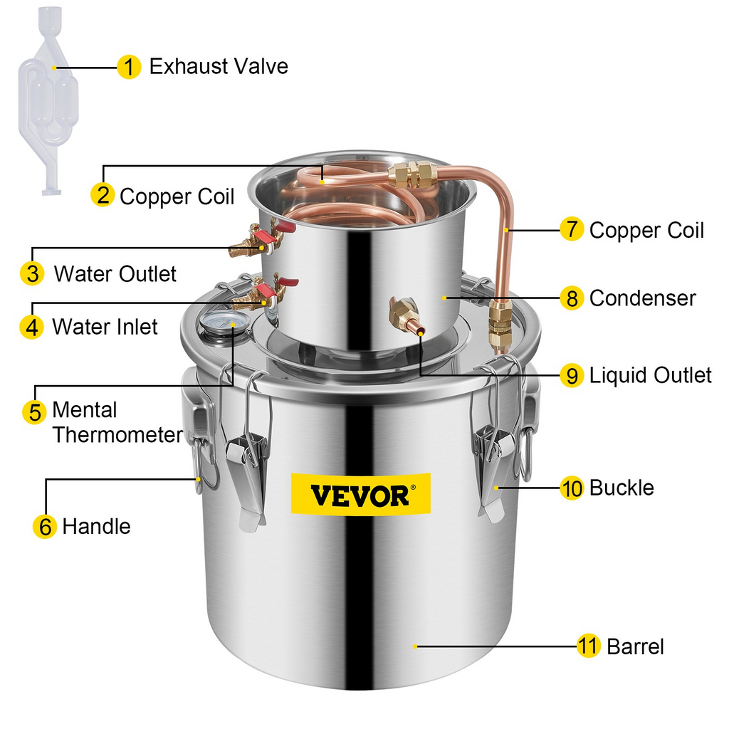 VEVOR 12L Destilador de alcohol de agua 3GAL Caldera para hacer vino de cobre Kit de destilación