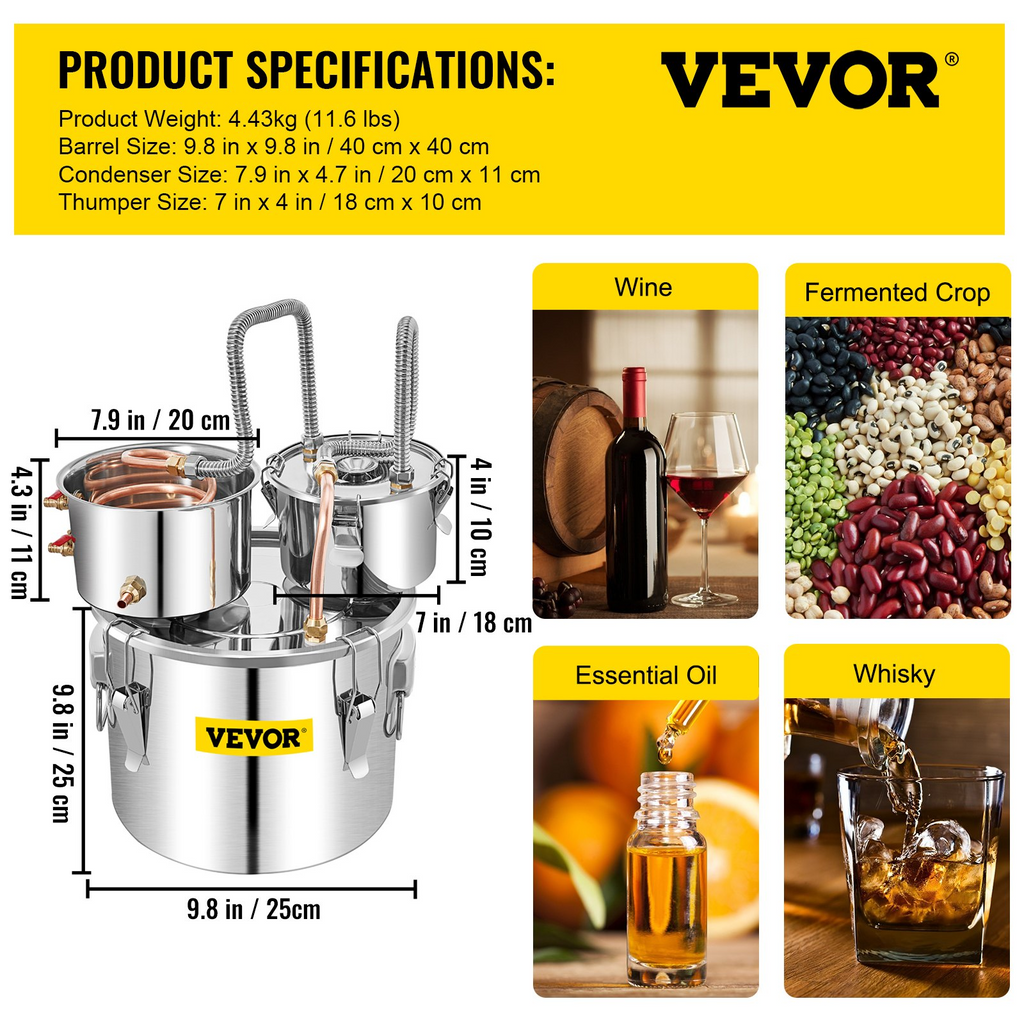 VEVOR Destilador de alcohol, 3 galones, de acero inoxidable con tubo de cobre y termómetro incorporado y bomba de agua