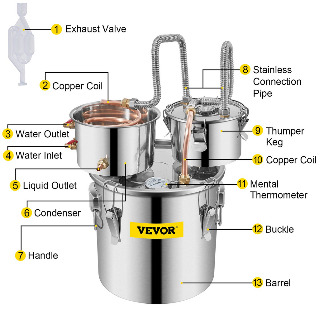 VEVOR Destilador de alcohol, 3 galones, de acero inoxidable con tubo de cobre y termómetro incorporado y bomba de agua