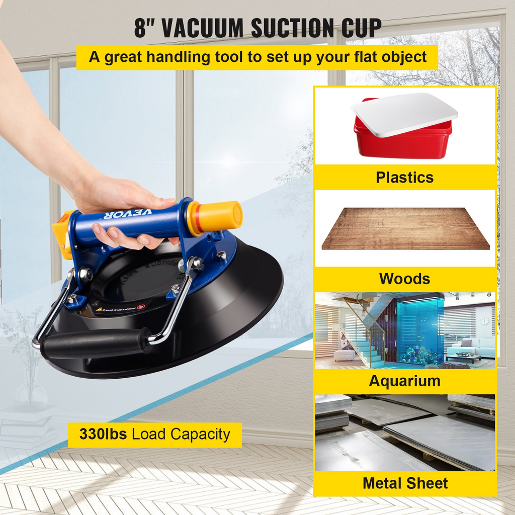 VEVOR Lifting Vacuum Suction Cup, 8'' Glass Lifter Suction Cup, 330lbs Load Capacity Glass Lifting Suction Cup, Heavy-Duty Hand-Held Glass Lifter For Moving Large Granite Tile & Replacing Window