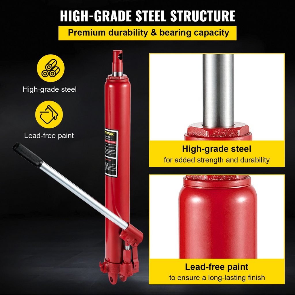 VEVOR Hydraulic Long Ram Jack, 3 Tons/6600 lbs Capacity, with Single Piston Pump and Clevis Base, Manual Cherry Picker w/Handle, for Garage/Shop Cranes, Engine Lift Hoist, Red