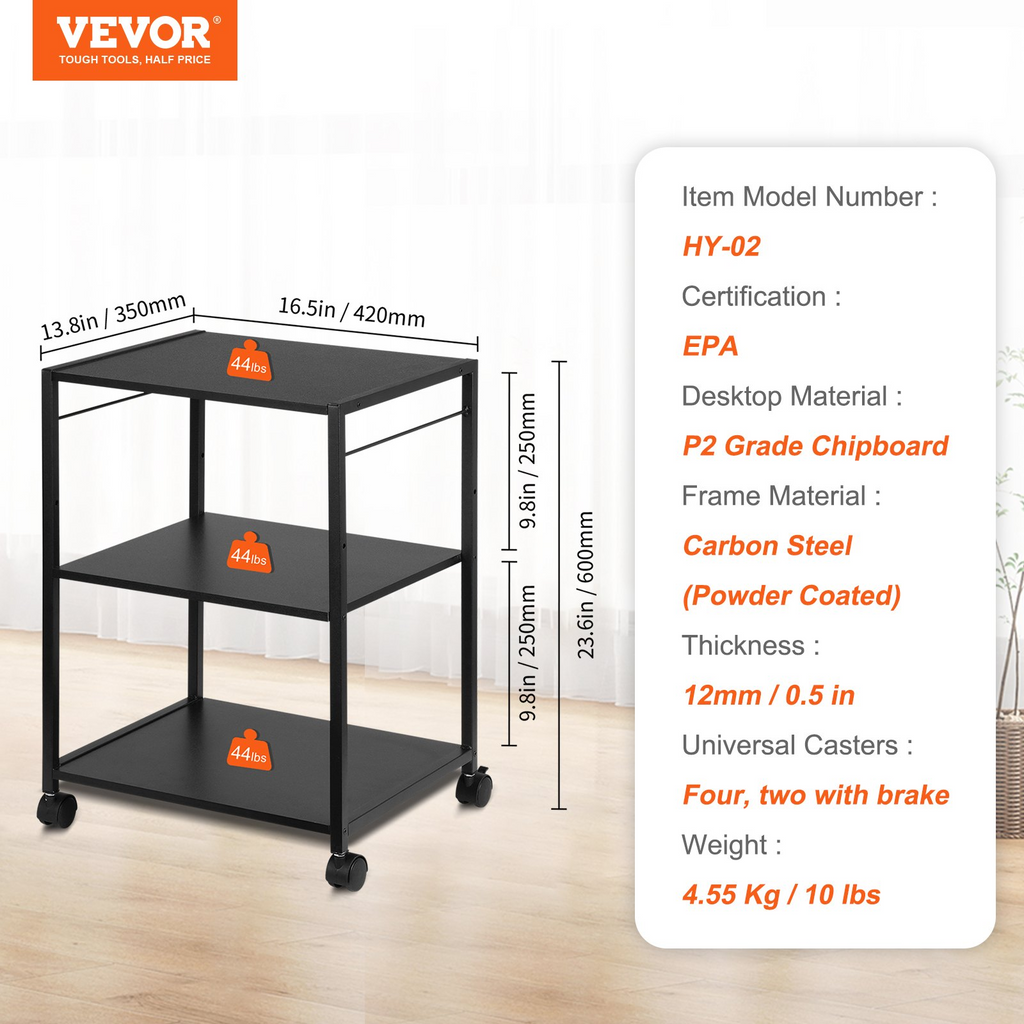 VEVOR Printer Stand, Height Adjustable 3 Tier Printer Stand, Printer Cart with Storage Shelves and Hooks for Printer, Scanner, Fax, Home Office Use, EPA Certified, Black