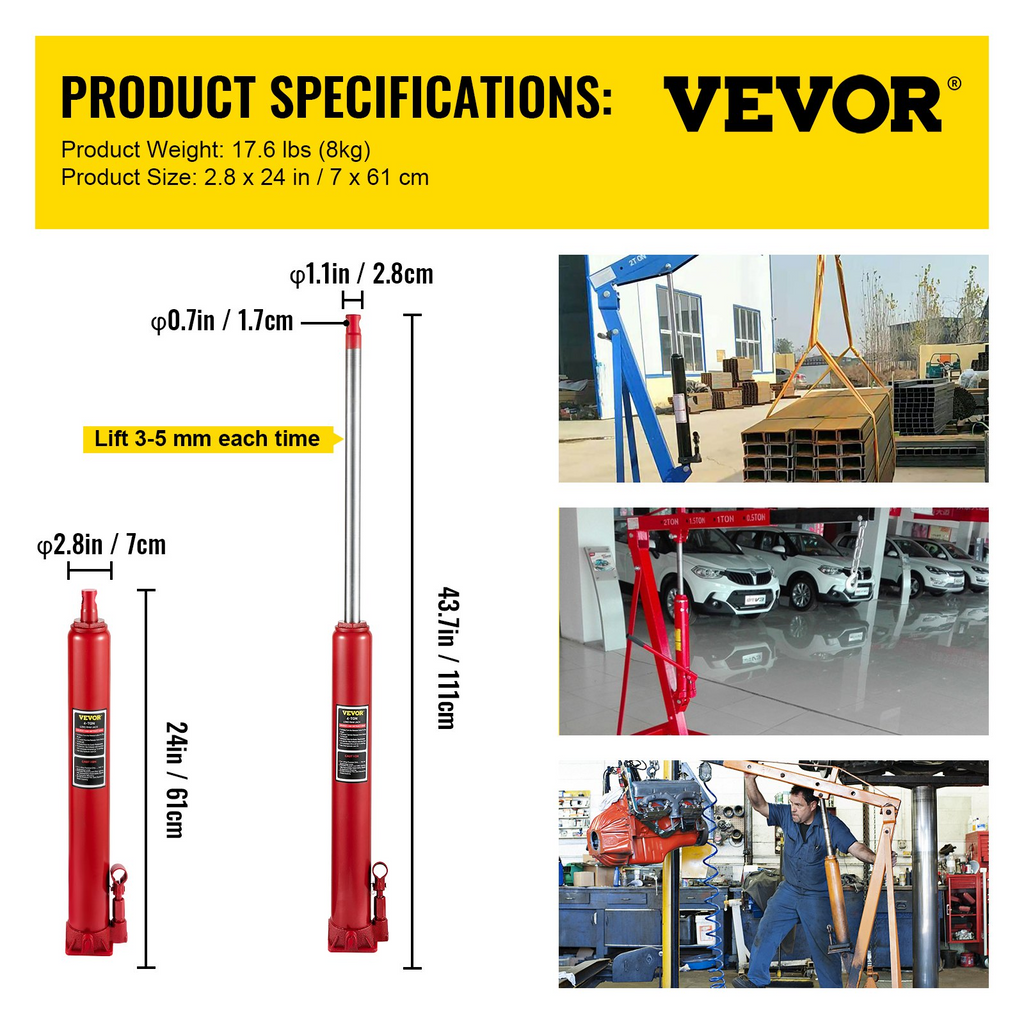 VEVOR Gato hidráulico de pluma capacidad de 4 toneladas/8818 libras con bomba de pistón único y base plana