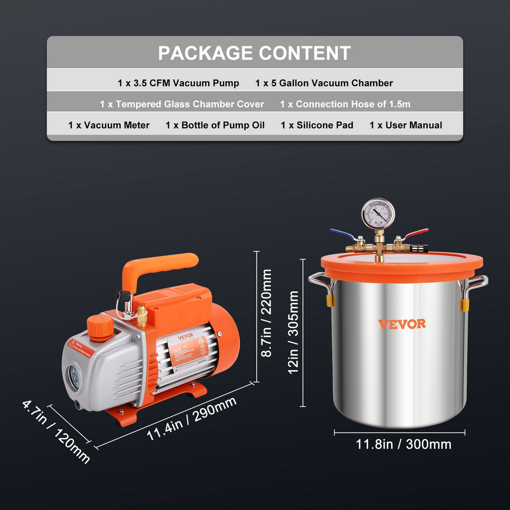 VEVOR 5 Gallon Vacuum Chamber and 3.5 CFM Pump Kit, Tempered Glass Lid Vacuum Degassing Chamber Kit, Single Stage Vacuum Pump with 250 ml Oil Bottle, for Stabilizing Wood, Degassing Silicones, Epoxies