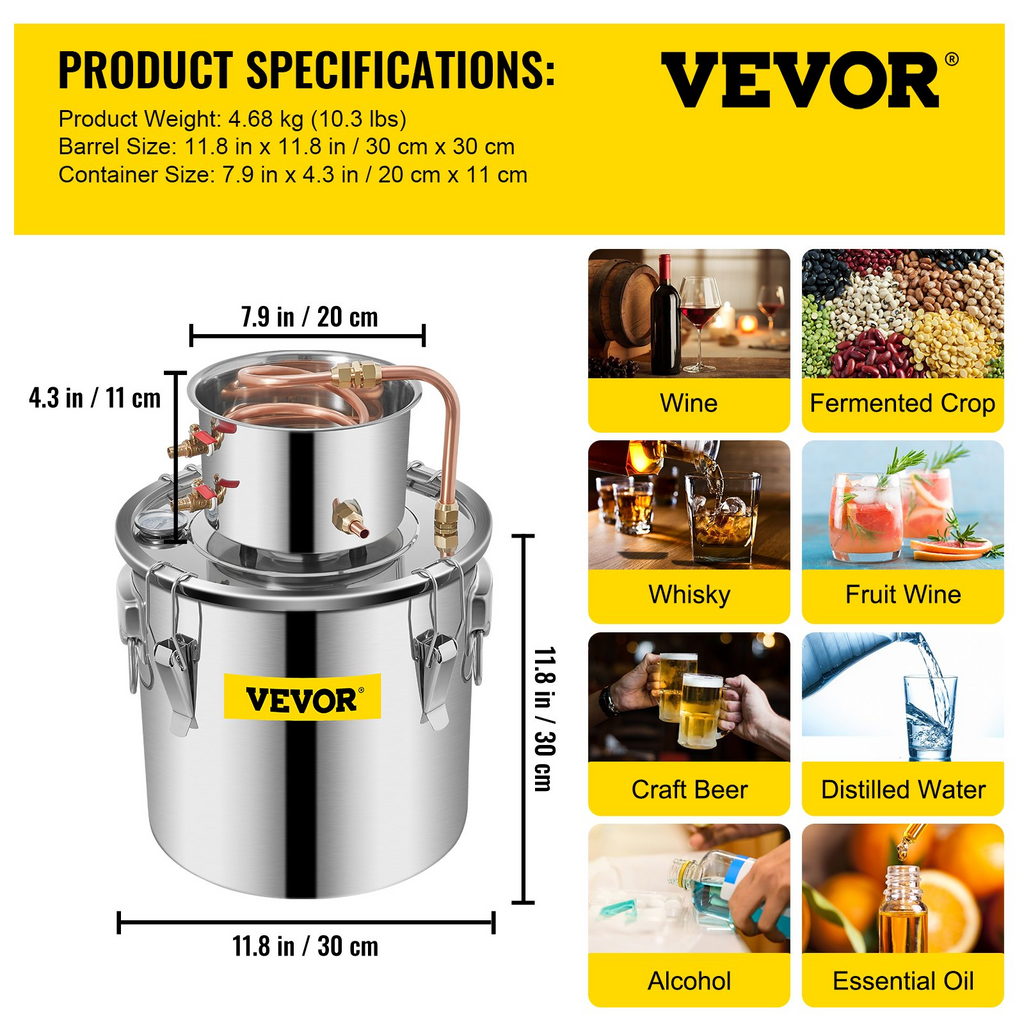 VEVOR Destilador de alcohol de agua de acero inoxidable 5 Gal 21L Tubo de cobre Kit de preparación casera Termómetro incorporado para bricolaje