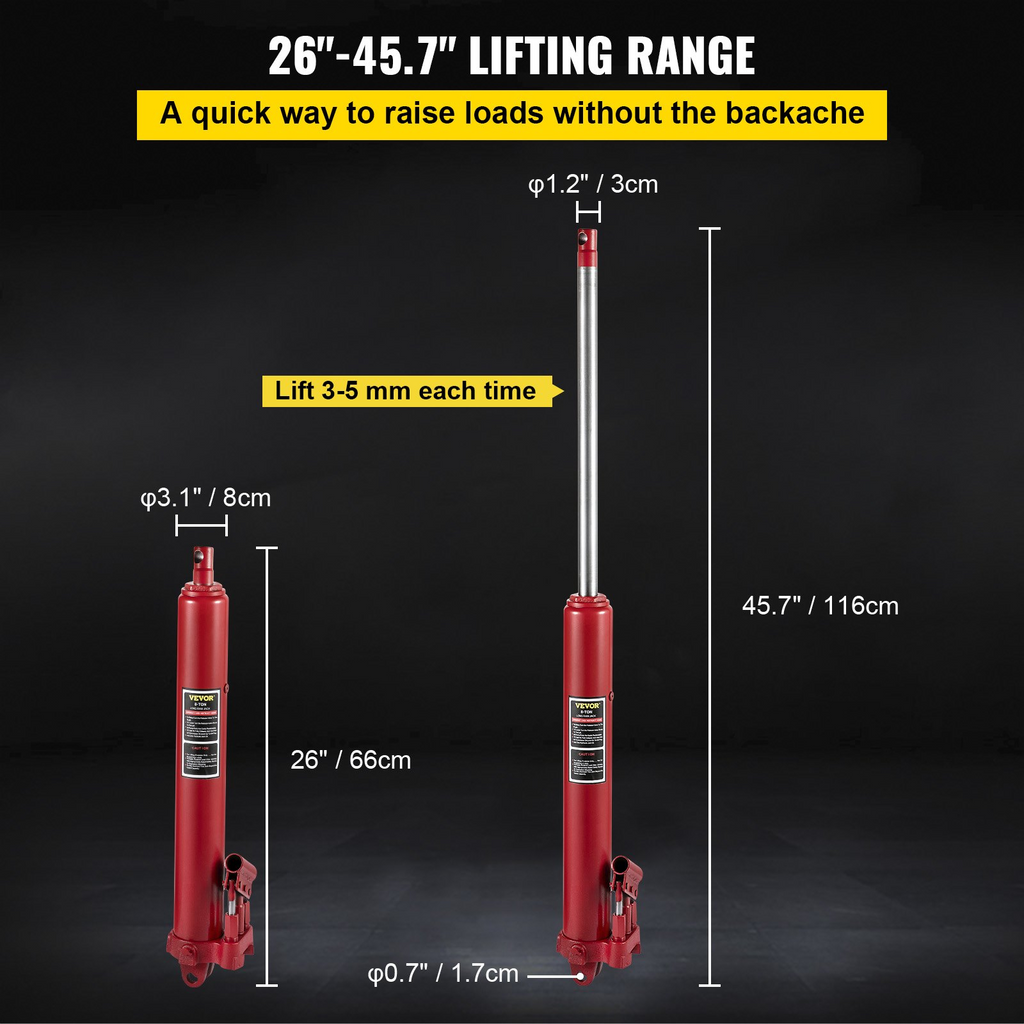 VEVOR Hydraulic Long Ram Jack, 8 Tons/17636 lbs Capacity, with Dual Piston Pump and Clevis Base, Manual Cherry Picker w/Handle, for Garage/Shop Cranes, Engine Lift Hoist, Red