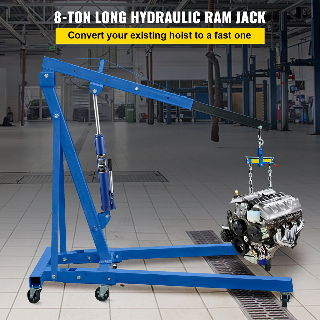 VEVOR Hydraulic Long Ram Jack, 8 Tons/17363 lbs Capacity, with Single Piston Pump and Clevis Base, Manual Cherry Picker w/Handle, for Garage/Shop Cranes, Engine Lift Hoist, Blue