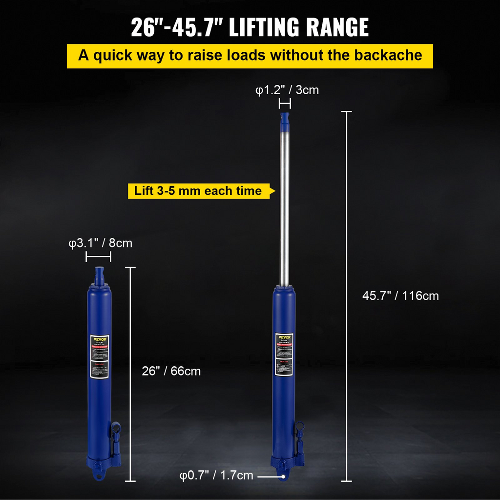 VEVOR Hydraulic Long Ram Jack, 8 Tons/17363 lbs Capacity, with Single Piston Pump and Clevis Base, Manual Cherry Picker w/Handle, for Garage/Shop Cranes, Engine Lift Hoist, Blue