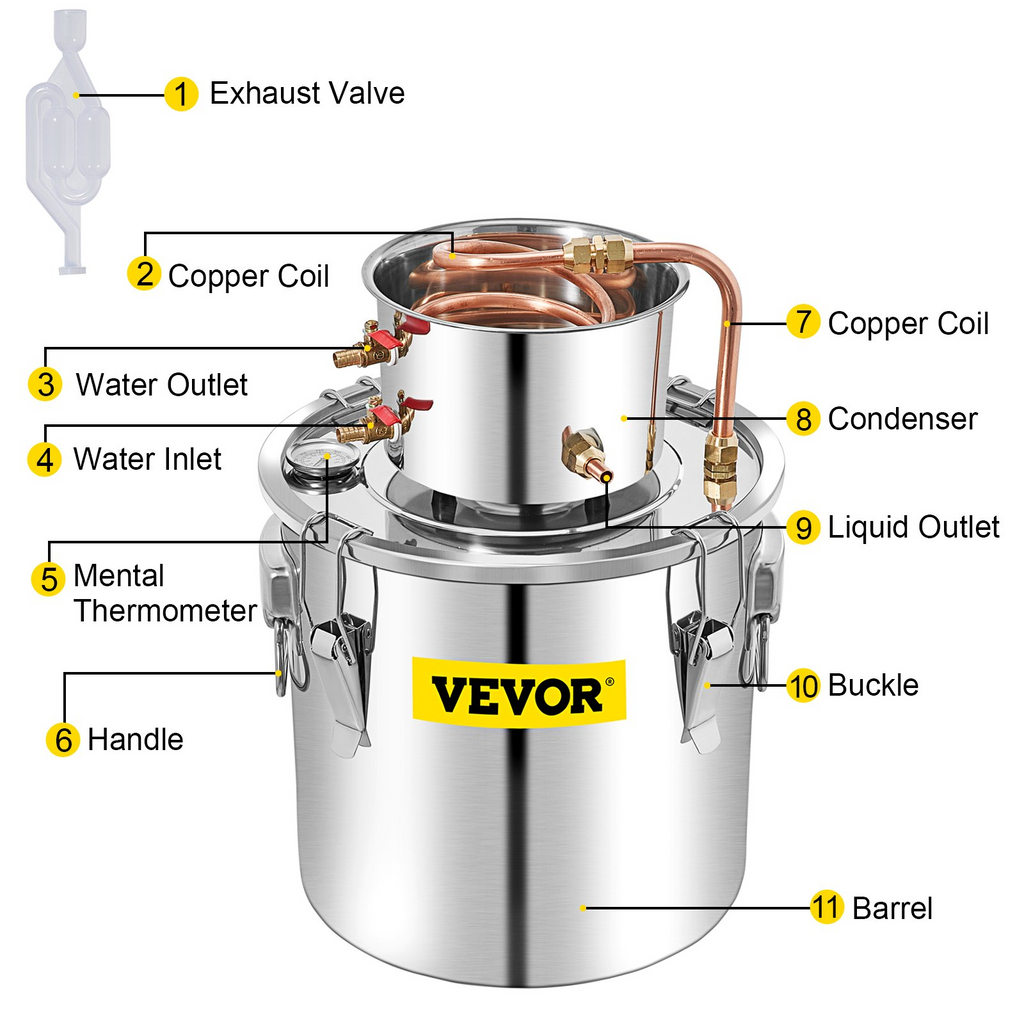 VEVOR Destilador de alcohol, kit de destilería de 50 litros con condensador y bomba de 13,2 galones con tubo de cobre