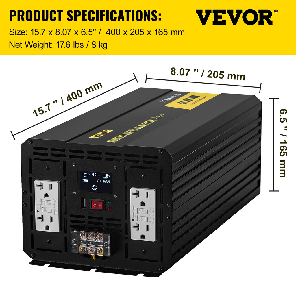 Inversor de corriente VEVOR, inversor de onda sinusoidal modificada de 5000 W, convertidor de coche de CC de 12 V a CA de 110 V, con pantalla LCD, mando a distancia, indicador LED