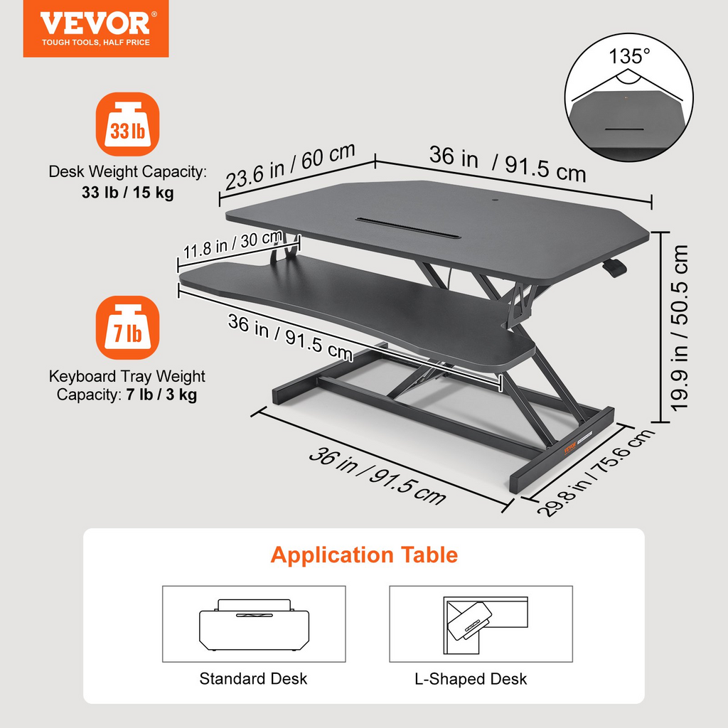 VEVOR Convertidor de escritorio de pie, elevador de escritorio de dos niveles, convertidor de escritorio grande de 36 pulgadas, altura ajustable de 5,5 a 20,1 pulgadas