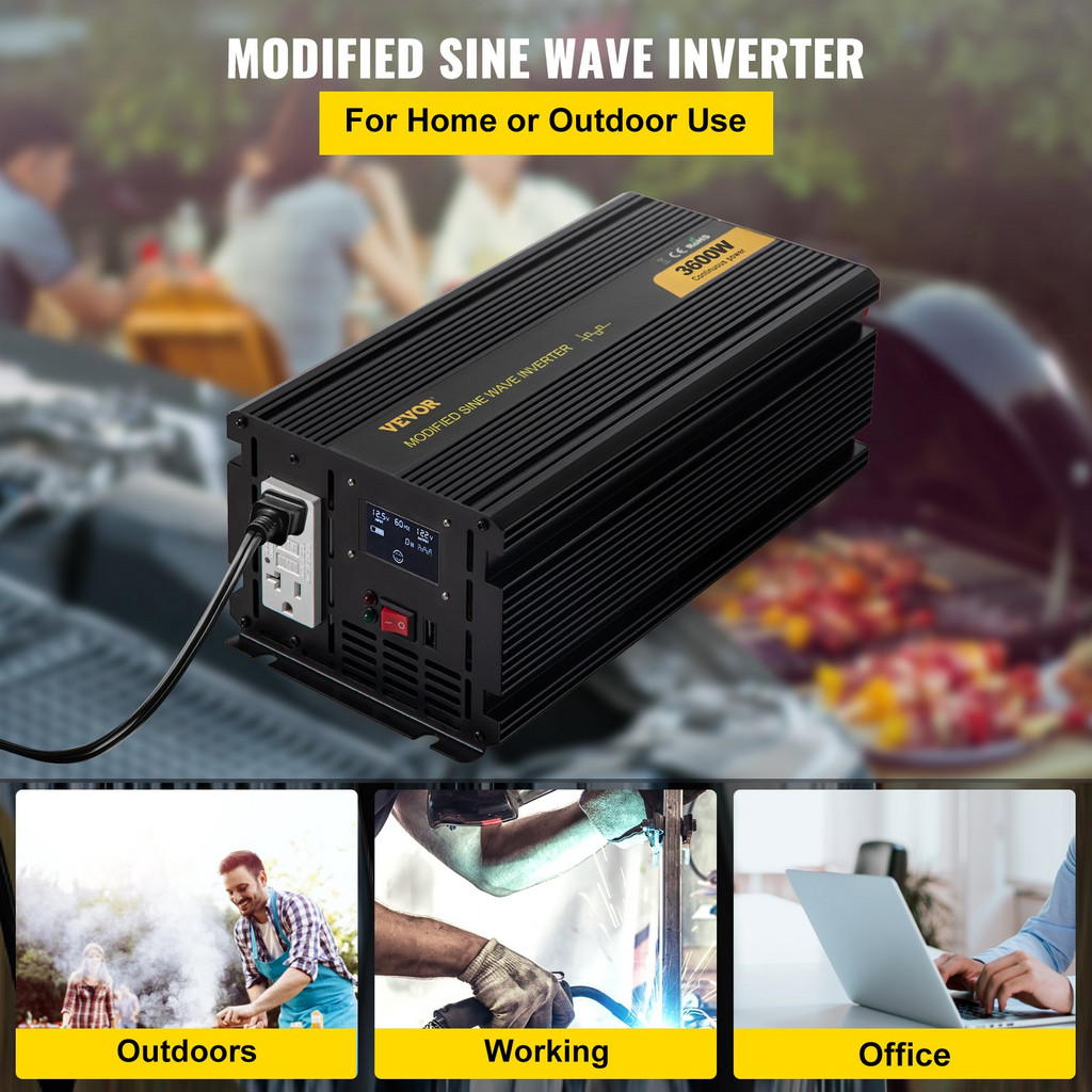 Inversor de corriente VEVOR, inversor de onda sinusoidal modificada de 3600 W, convertidor de coche de CC de 12 V a CA de 120 V, con pantalla LCD