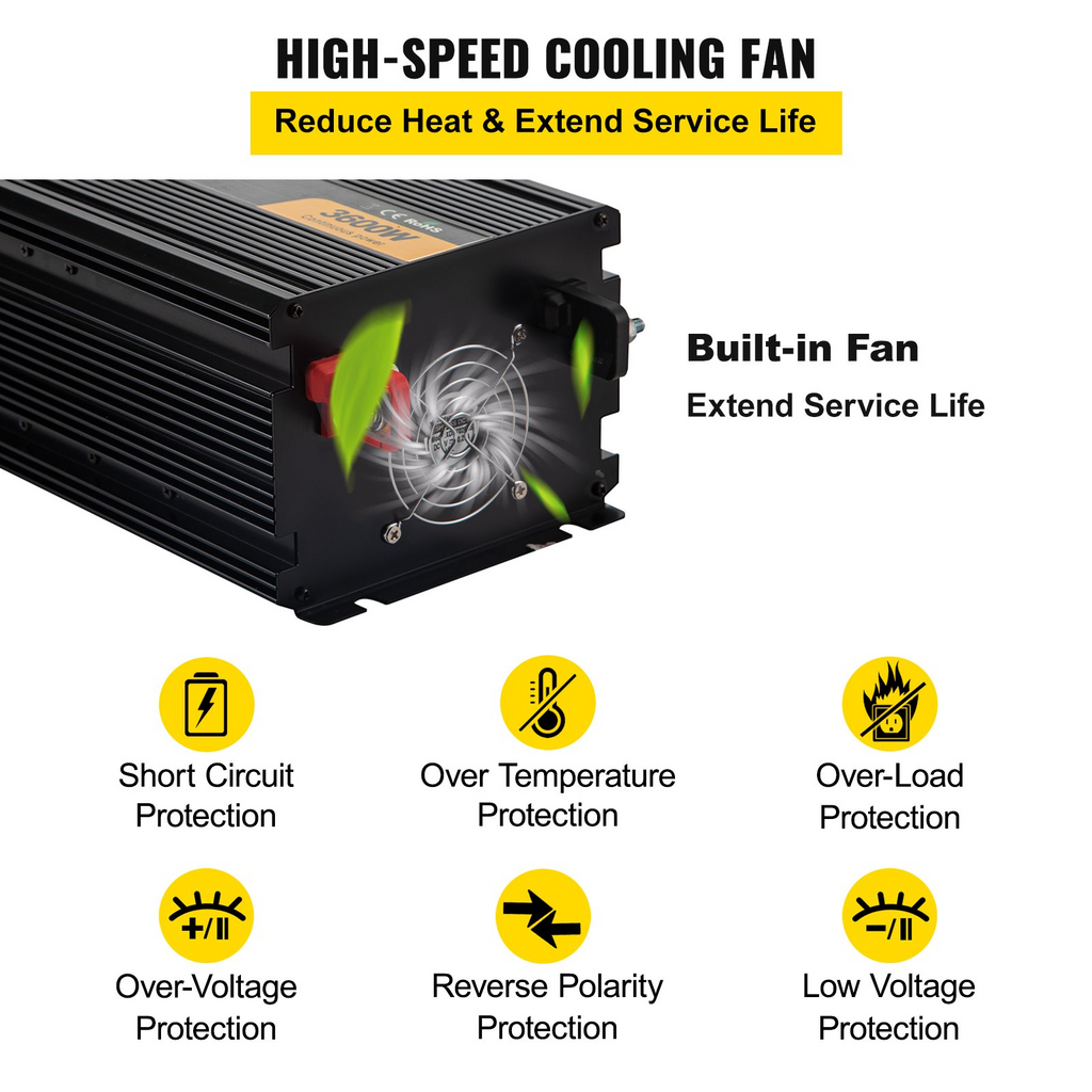 Inversor de corriente VEVOR, inversor de onda sinusoidal modificada de 3600 W, convertidor de coche de CC de 12 V a CA de 120 V, con pantalla LCD