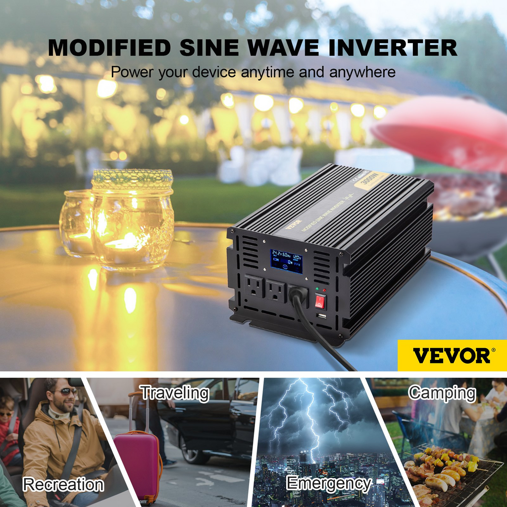 Inversor de corriente VEVOR, inversor de onda sinusoidal modificada de 3000 W, convertidor de coche de 24 V CC a 120 V CA, con pantalla LCD