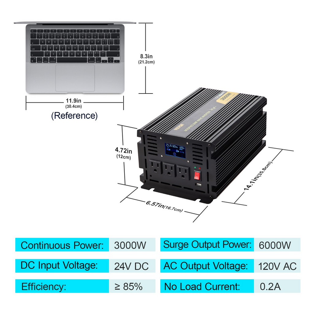 Inversor de corriente VEVOR, inversor de onda sinusoidal modificada de 3000 W, convertidor de coche de 24 V CC a 120 V CA, con pantalla LCD