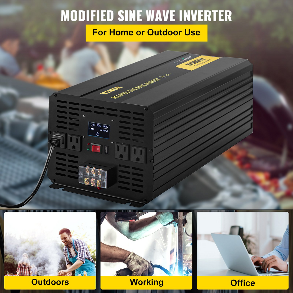 Inversor de corriente VEVOR, inversor de onda sinusoidal modificada de 5000 W, convertidor de coche de CC de 12 V a CA de 120 V, con mando a distancia LCD, indicador LED