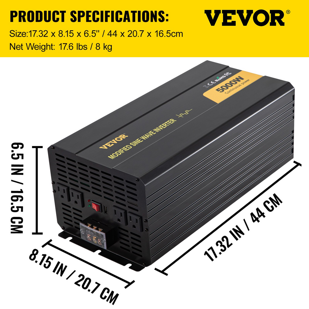 Inversor de corriente VEVOR, inversor de onda sinusoidal modificada de 5000 W, convertidor de coche de CC de 12 V a CA de 120 V, con mando a distancia LCD, indicador LED