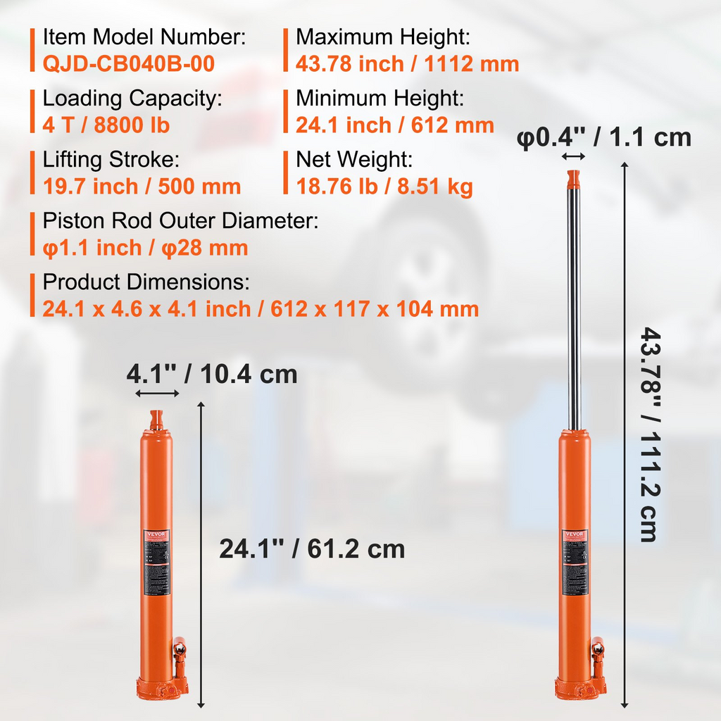 VEVOR Hydraulic Long Ram Jack, 4 Ton Engine Hoist Cylinder with Single Piston Pump And Flat Base, Hydraulic Ram Cylinder for Engine Lift Hoists, Hydraulic Garage/Shop Cranes, Mechanical, Farm