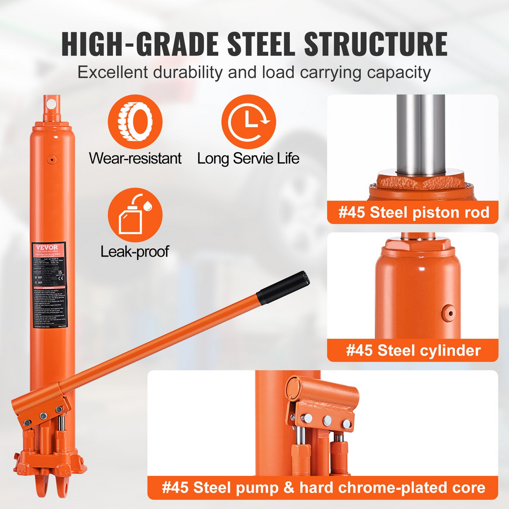 VEVOR Gato hidráulico largo Ram Jack 8 toneladas base de horquilla cilindro de elevación de motor bomba doble