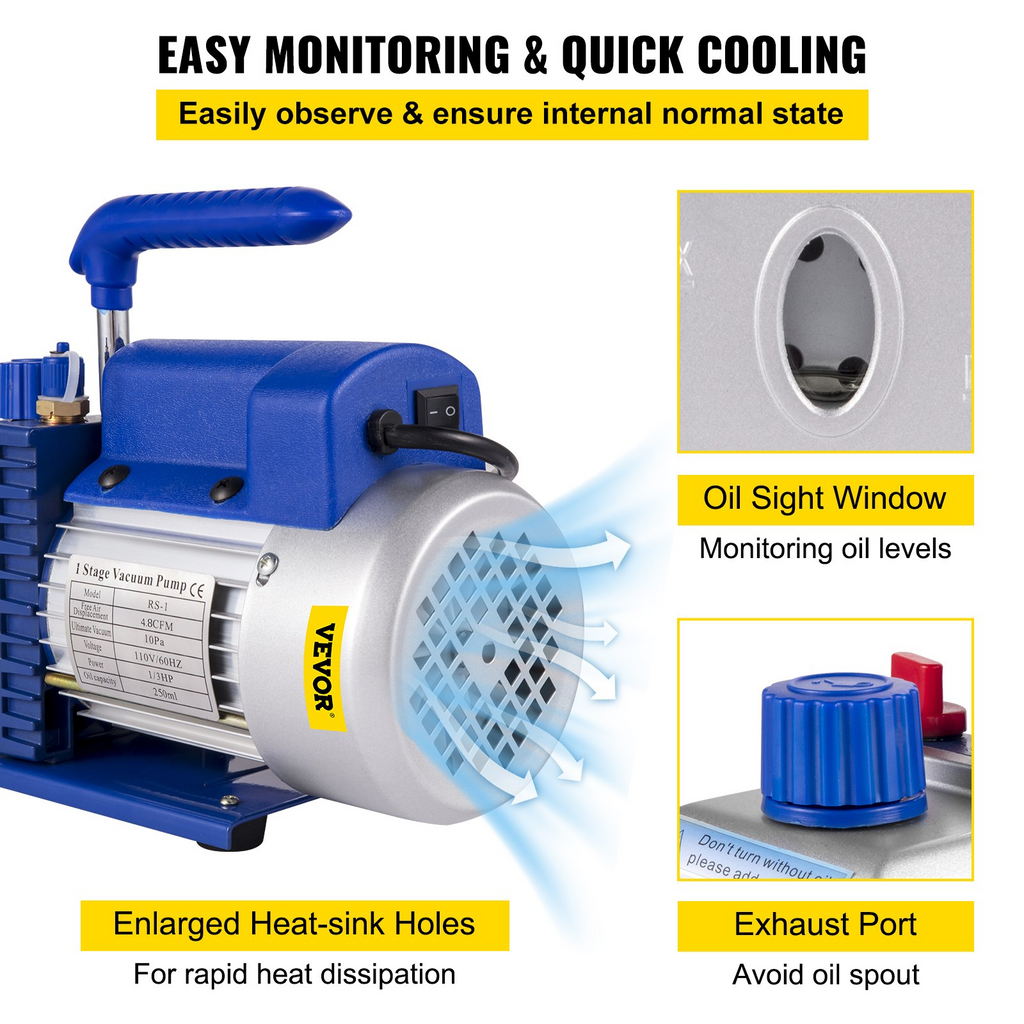 VEVOR Vacuum Pump 4.8CFM 1/4 HP Single Stage HVAC A/C Refrigeration Kit 5PA Ultimate Vacuum Manifold Gauge Set R410A R134A R22 HVAC AC, 4-Way Manifold Gauge and Hose for Air Conditioning Systems