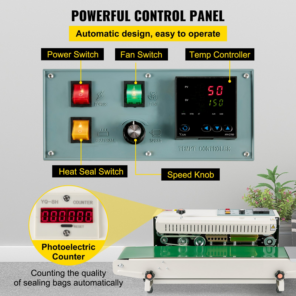 VEVOR Máquina selladora de banda de bolsas continua FR900K  con control de temperatura digital 0,02-0,08 mm