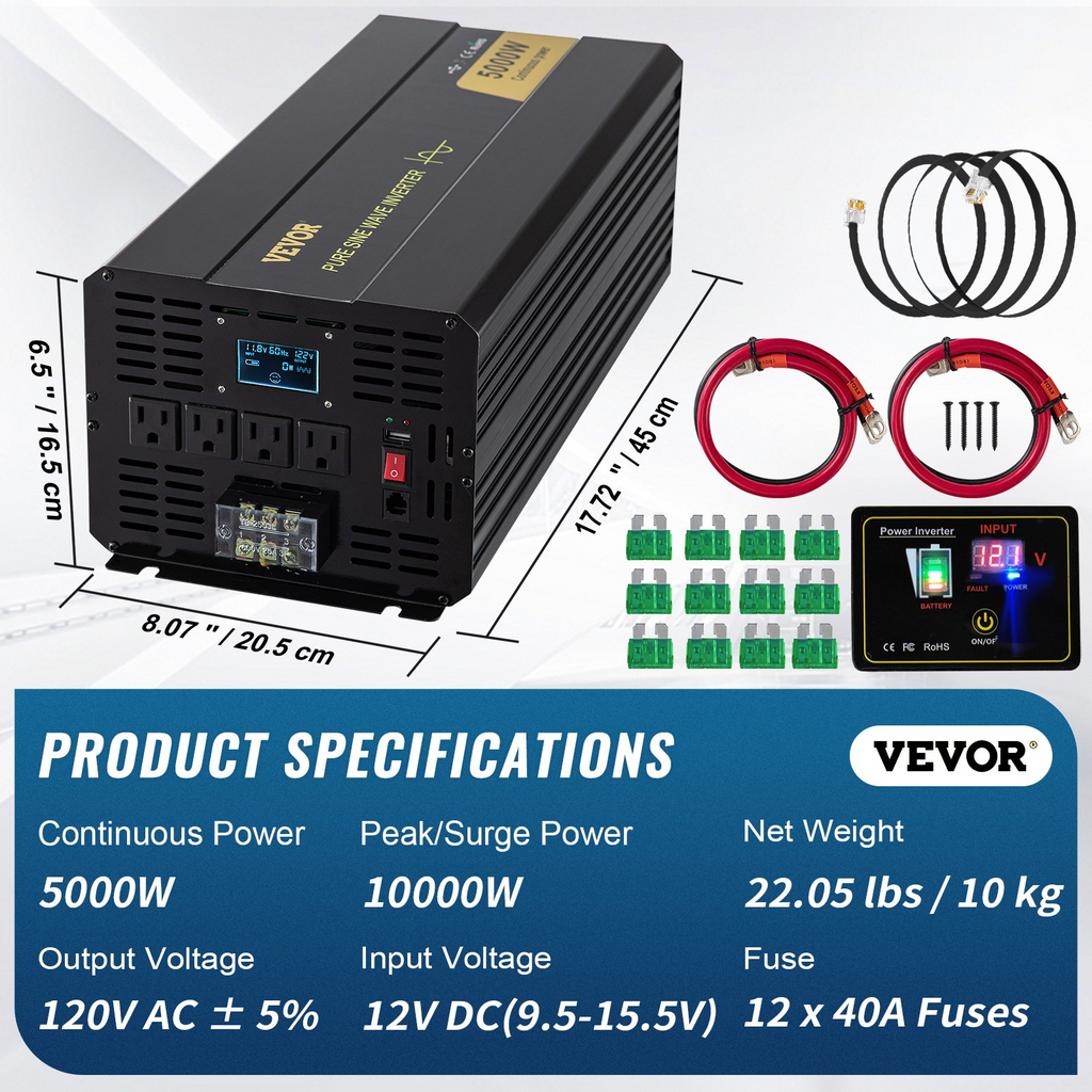 VEVOR Inversor de onda sinusoidal pura, 5000 vatios, inversor de corriente, inversor de coche CC 12 V a CA 120 V, con pantalla LCD