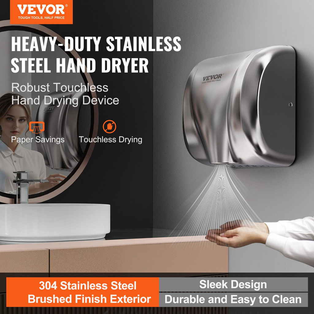 VEVOR Heavy Duty Commercial Hand Dryer, 1300W Automatic High Speed Stainless Steel Warm Wind Hand Blower, 120V Plug In/Hardwired Two Power Options, Compliant for Industry Business Restrooms