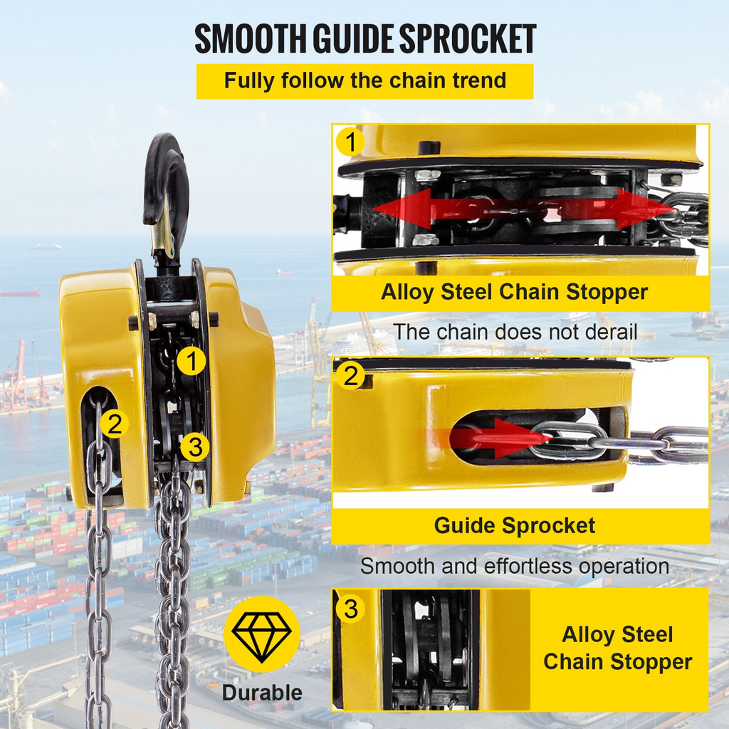 VEVOR Chain Hoist 2200lbs/1ton Chain Block Hoist Manual Chain Hoist 3m/10ft Block Chain Hand Chain Lifting Hoist w/Two Hooks Chain Pulley Tackle Hoist Winch Lifting Pulling Equipment Yellow