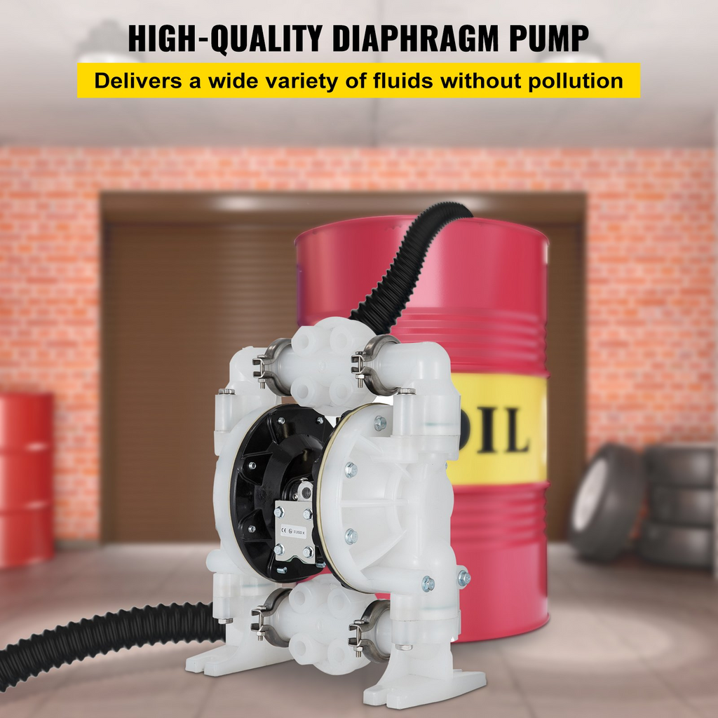 VEVOR Air-Operated Double Diaphragm Pump 1 inch Inlet/Outlet 30GPM Polypropylene Max 120PSI for Chemical and Industrial Use