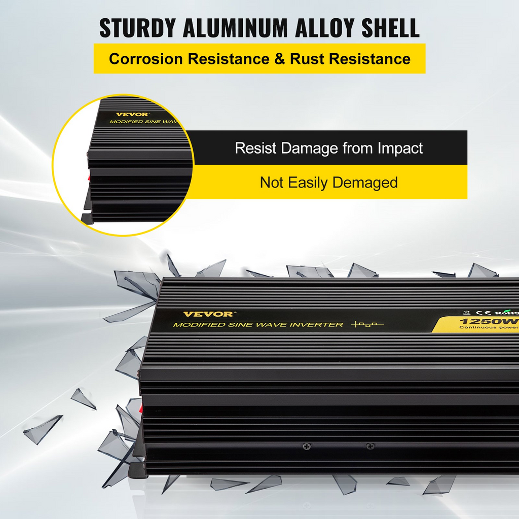 VEVOR Inversor de corriente de onda sinusoidal modificada de 1250 W, convertidor de coche de CC de 12 V a CA de 120 V, con mando a distancia LCD, indicador LED, inversor de salidas de CA