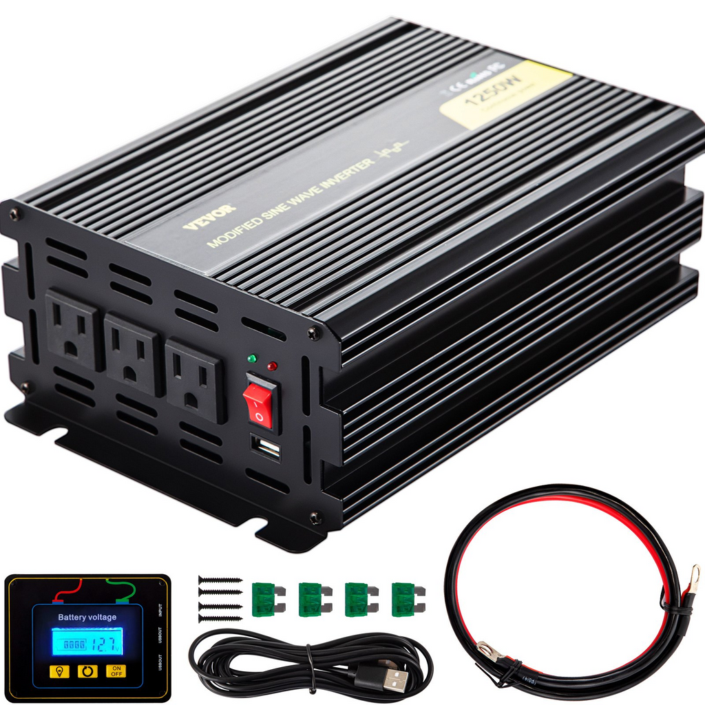 VEVOR Inversor de corriente de onda sinusoidal modificada de 1250 W, convertidor de coche de CC de 12 V a CA de 120 V, con mando a distancia LCD, indicador LED, inversor de salidas de CA