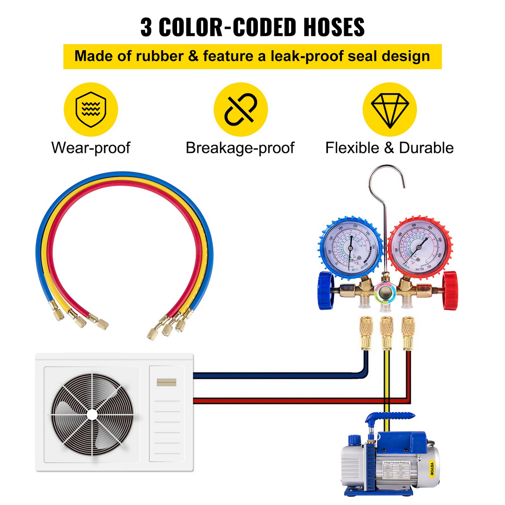 VEVOR Bomba de vacío 3CFM 1/4HPde una sola etapa HVAC R134a R12 R22 R410a Kit de refrigeración de A/C Manómetro de colector de CA Grifo de lata R134 Incluye bolsa de transporte