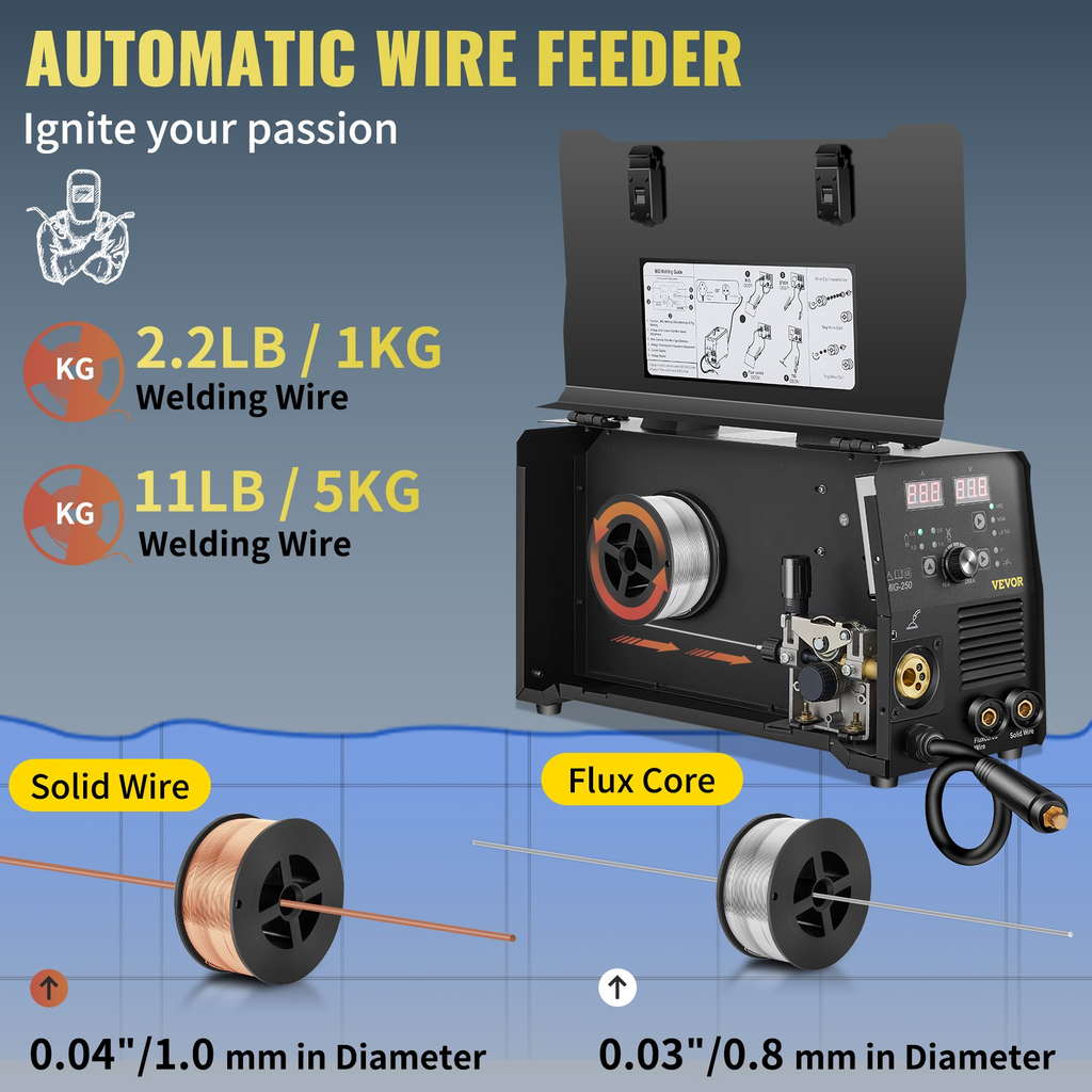 VEVOR Soldadora inversora MIG de 250 amperios 3 en 1 fundente/gas/alambre sólido de 220V con inversor IGBT y antorcha, soldador multiproceso digital MIG/Lift TIG/Stick