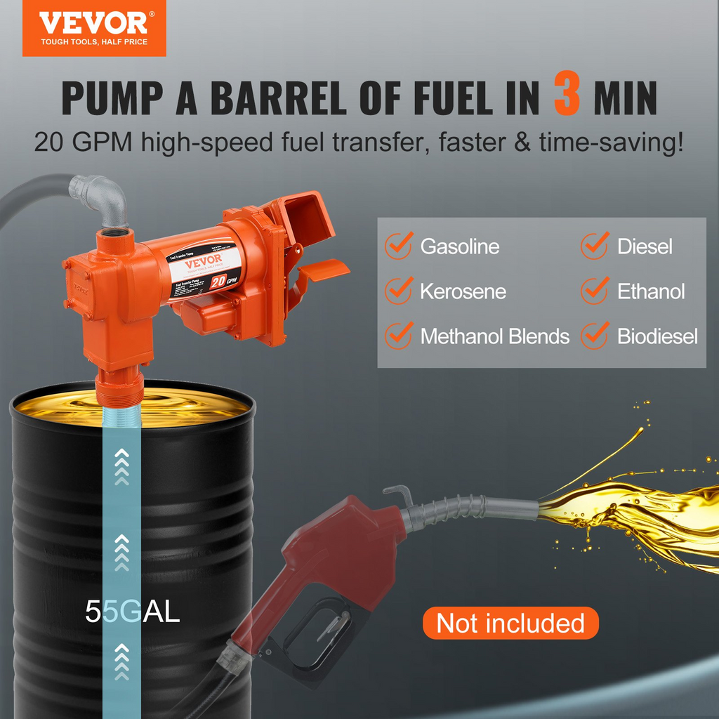 VEVOR Fuel Transfer Pump, 12V DC 20 GPM 1/4 HP, High Flow Cast Iron Gasoline Extractor Pump with Fuel Collection Box Design for Gasoline, Diesel, Kerosene, Ethanol & Methanol Blends, and Biodiesel