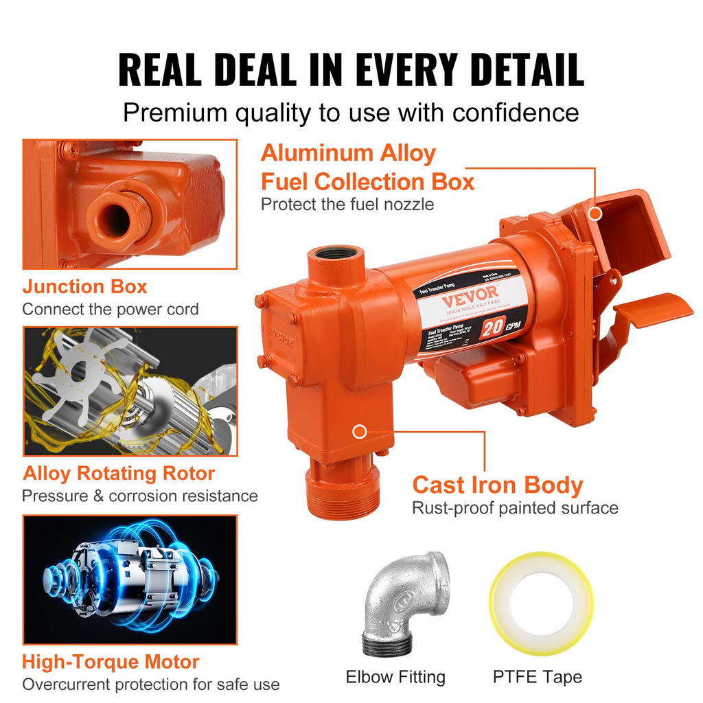 VEVOR Fuel Transfer Pump, 12V DC 20 GPM 1/4 HP, High Flow Cast Iron Gasoline Extractor Pump with Fuel Collection Box Design for Gasoline, Diesel, Kerosene, Ethanol & Methanol Blends, and Biodiesel