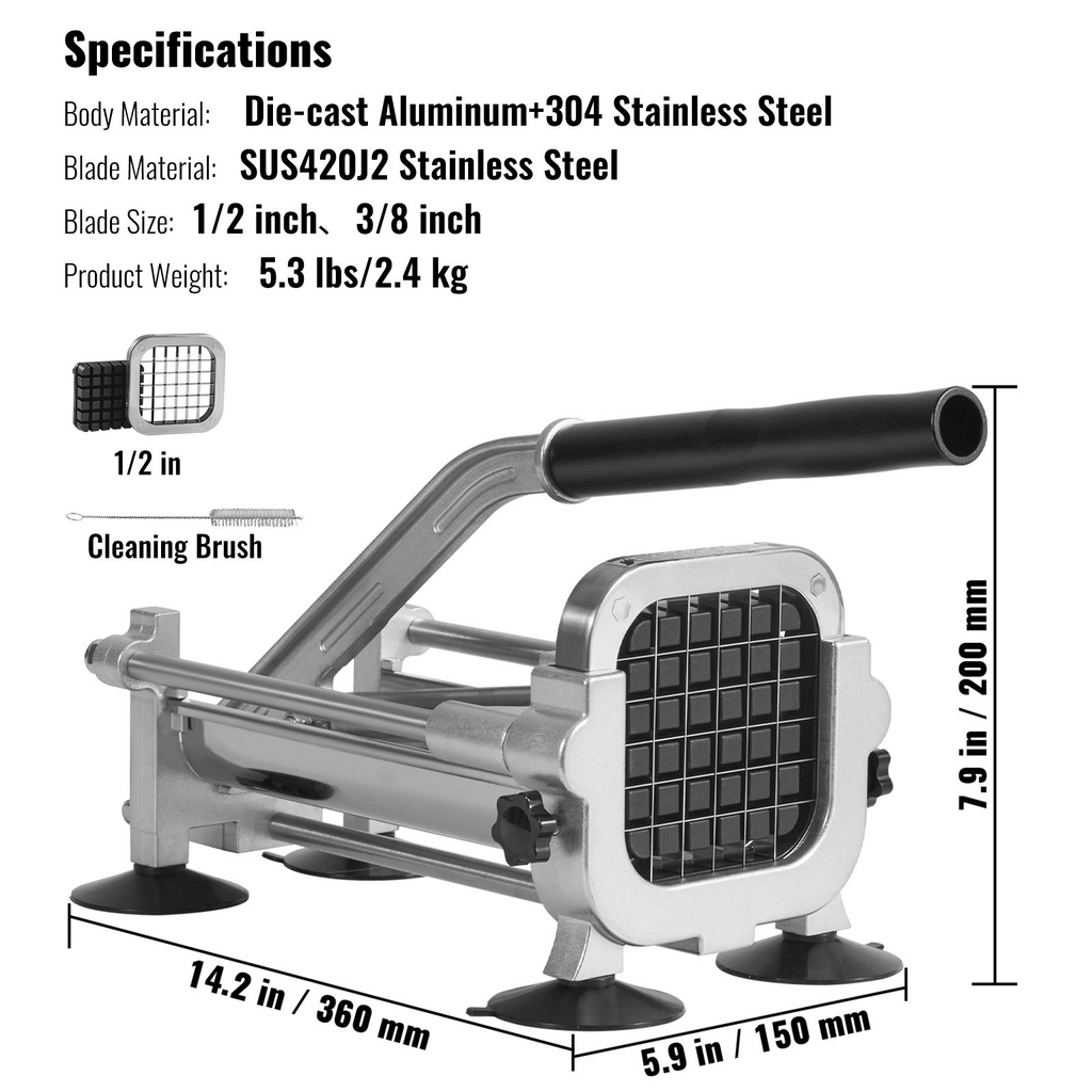 VEVOR French Fry Cutter, 1/2" Stainless Steel Blade Potato Slicer, Manual Potato Chopper Cutter with Suction Cups, Fries Cutter for Potato, French Fries, Cucumber, Vegetables, Carrot