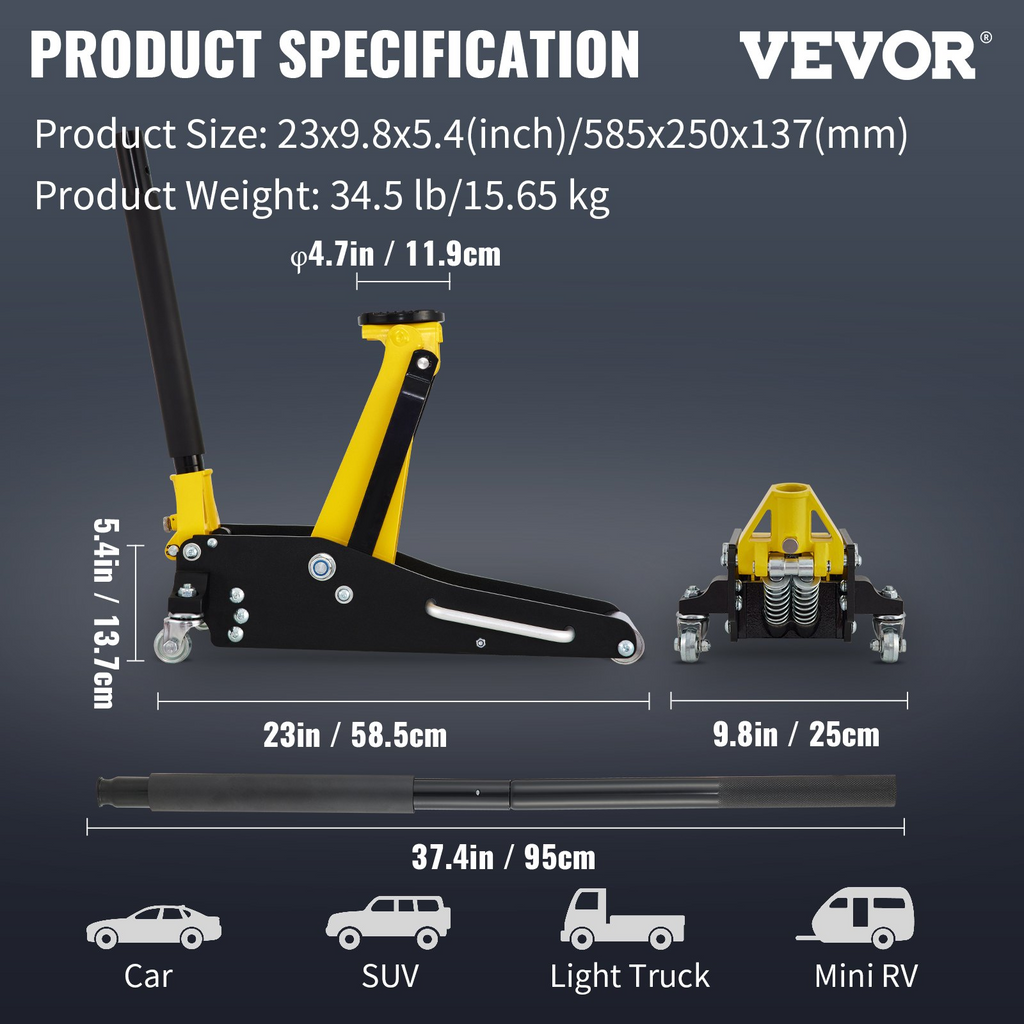 VEVOR Gato de piso de carreras de acero y aluminio de perfil bajo de 1,5 toneladas, elevador de bomba doble