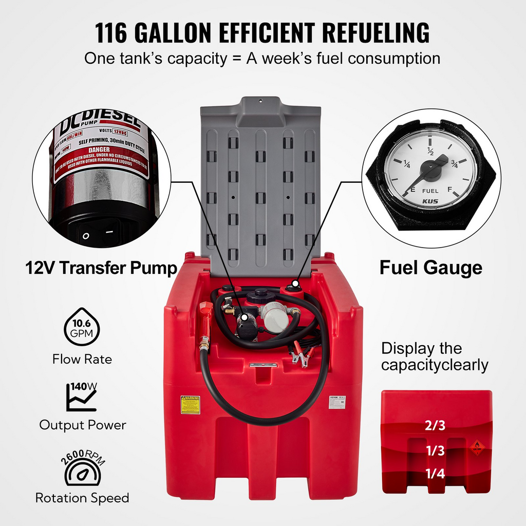 VEVOR Tanque diésel portátil, capacidad de 116 galones y caudal de 10 GPM con bomba de transferencia eléctrica de 12 V y manguera de goma de 13.1 pies