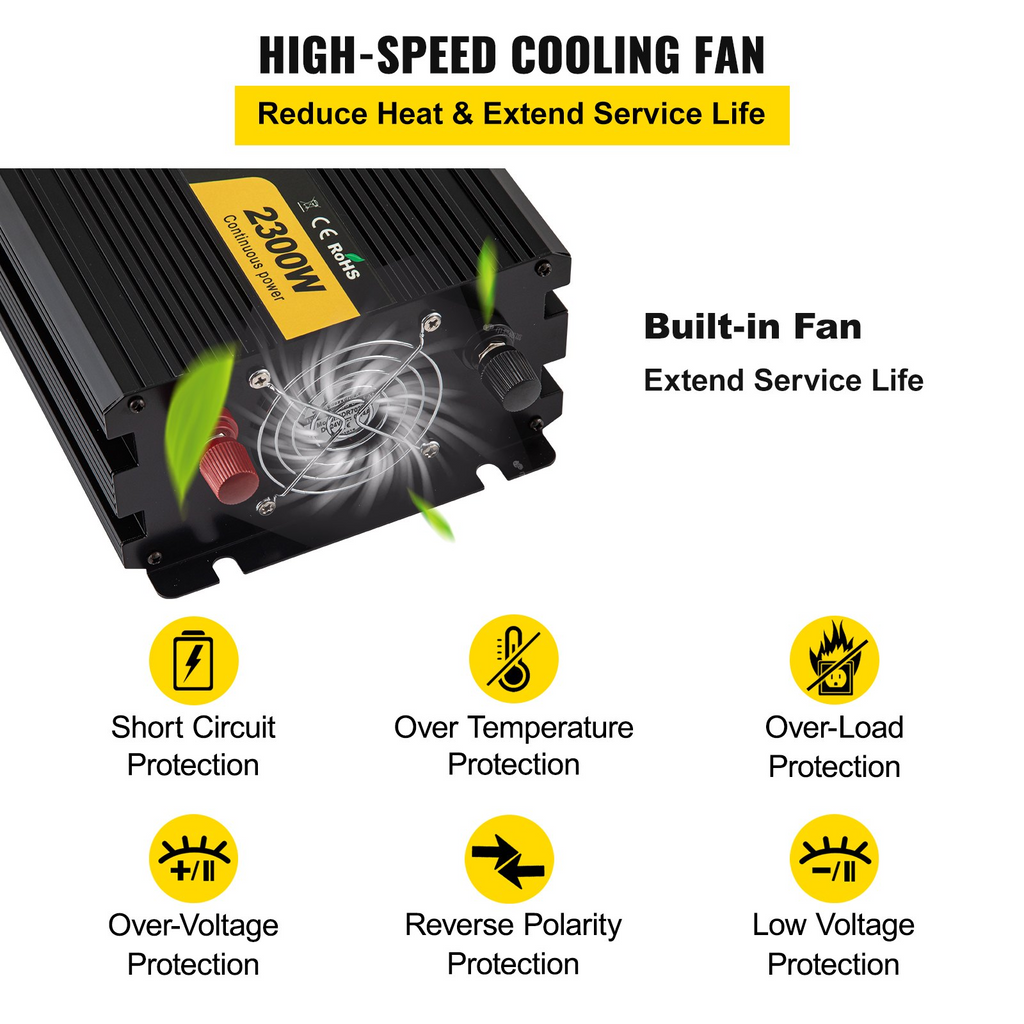 Inversor de corriente VEVOR, inversor de onda sinusoidal modificada de 2300 W, convertidor de coche de 24 V CC a 120 V CA, con mando a distancia LCD