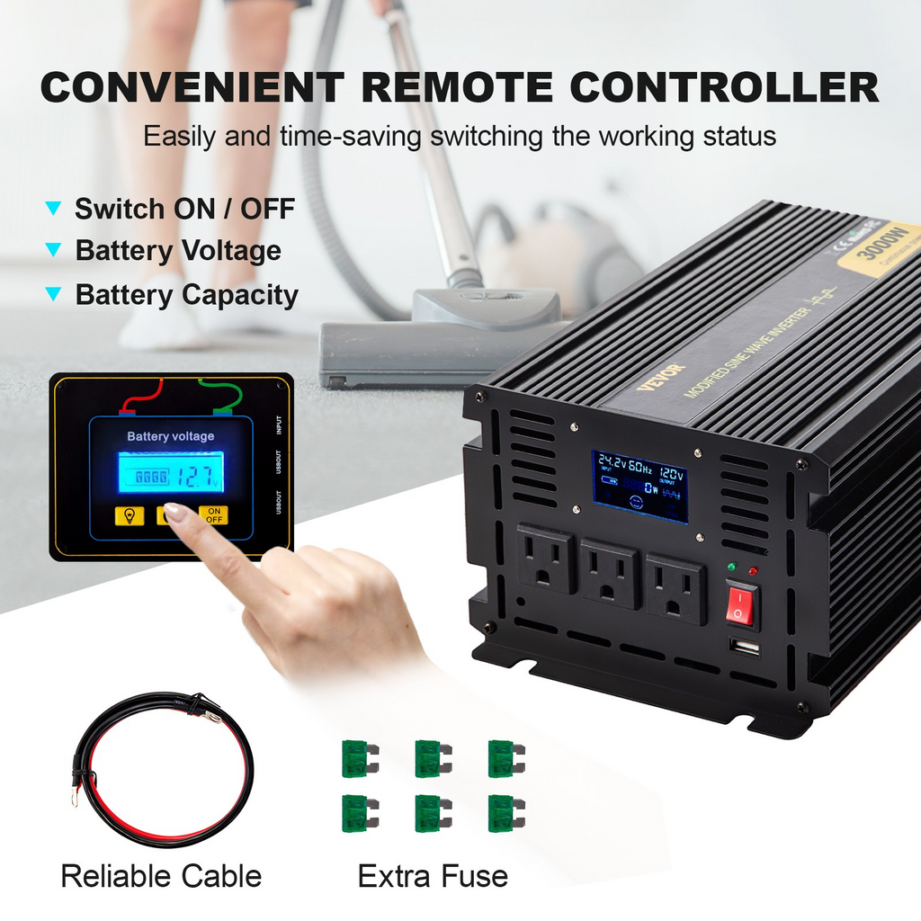 Inversor de corriente VEVOR, inversor de onda sinusoidal modificada de 3000 W, convertidor de coche de 24 V CC a 120 V CA, con pantalla LCD